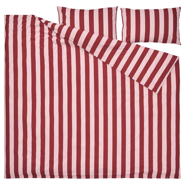 Striped bedding set, pink & red, cotton & lyocell, includes duvet and pillowcases.