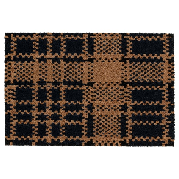 Black & tan chequered door mat, rectangular, coir fibre.