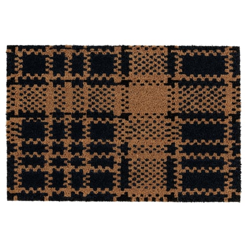 Black & tan chequered door mat, rectangular, coir fibre.