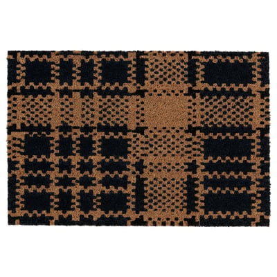 Black & tan chequered door mat, rectangular, coir fibre.