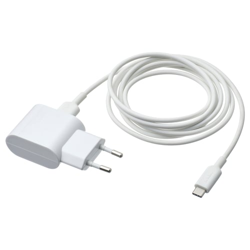 White SMÅHAGEL usb charger with coiled sittbrunn cable, usb-c end.