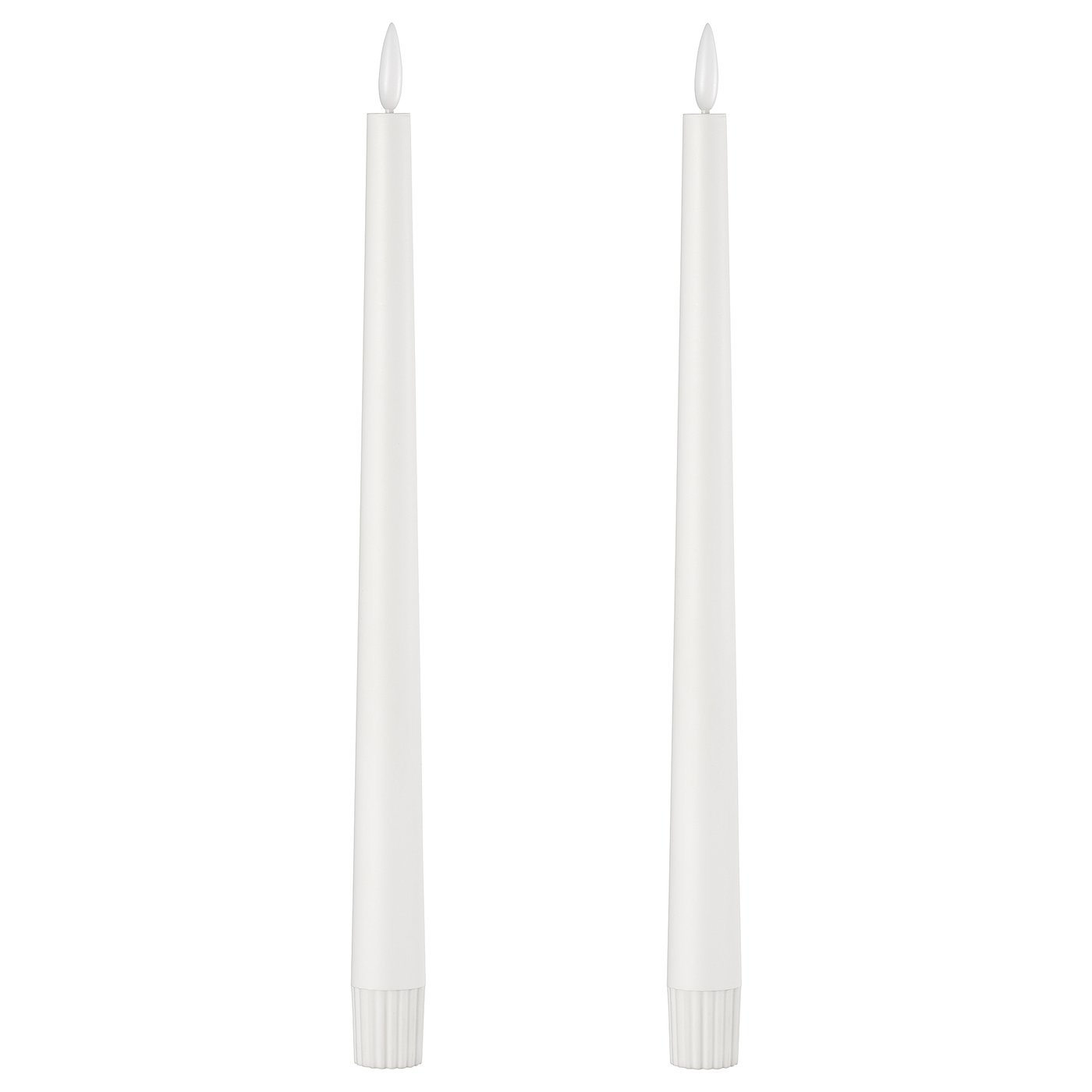 Two white, cylindrical SMÅLOM led candles with rounded tips and ribbed bases, made of plastic.