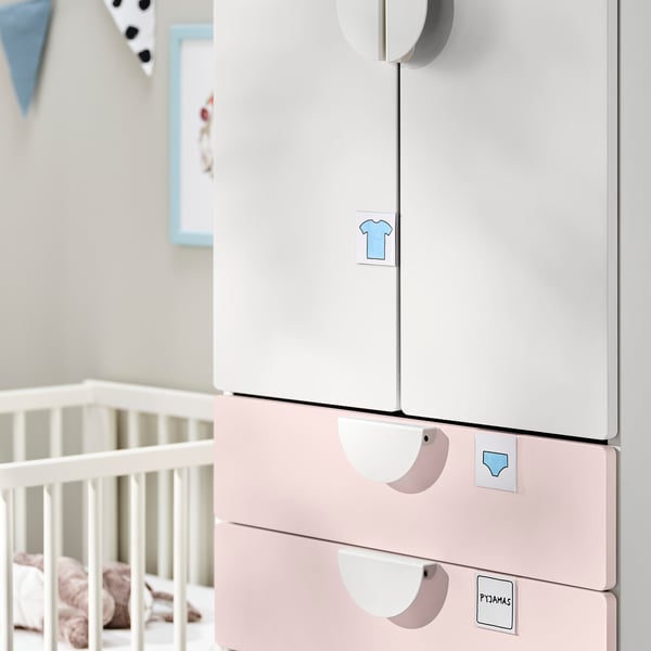 SMÅSTAD / PLATSA Wardrobe, white pale pink/with 4 drawers, 60x42x181 cm