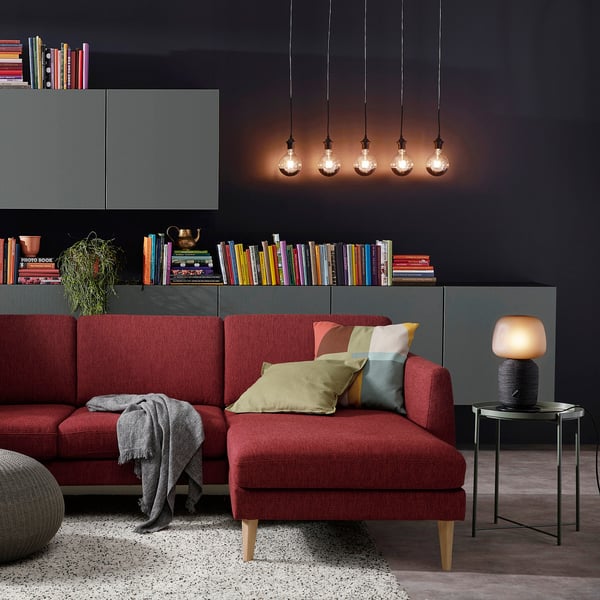 SMEDSTORP 3-seat sofa with chaise longue, Lejde/red/brown oak