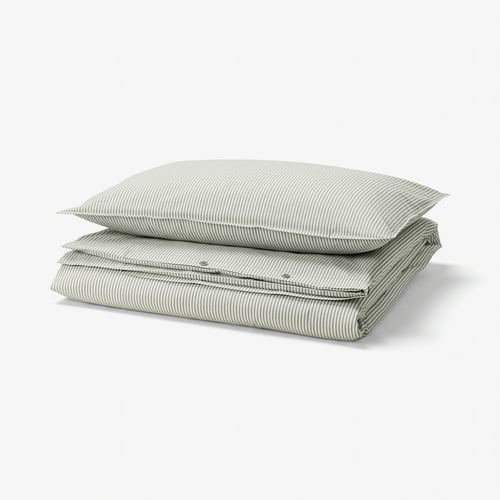 SOLFIBBLA Duvet cover and pillowcase, white green/stripe, 150x200/50x80 cm