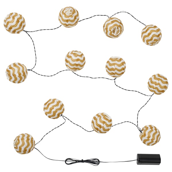 Golden & white sphere lights, battery-operated, indoor/outdoor, stylish design.