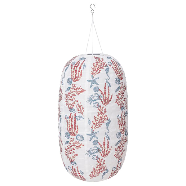 Round SOLVINDEN solar lamp with white, blue, and red marine designs.