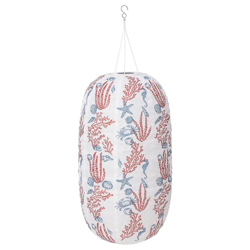Round SOLVINDEN solar lamp with white, blue, and red marine designs.