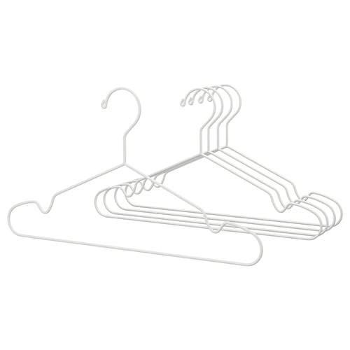 Five white plastic hangers, stacked neatly, designed for hanging clothes with grooves to hold straps; ideal for indoor and outdoor use.