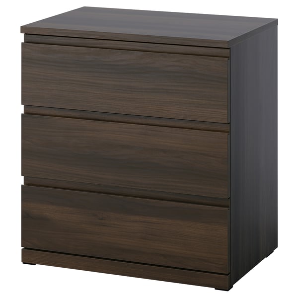 A dark brown three-drawer chest of drawers made of particleboard and wood veneer, standing upright against a white background.
