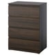 Displays a dark brown 4-drawer chest with a sleek design, made from engineered wood.