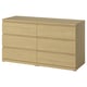A STORKLINTA light wood dresser with six drawers in a rectangular shape. The dresser a simple, modern design.