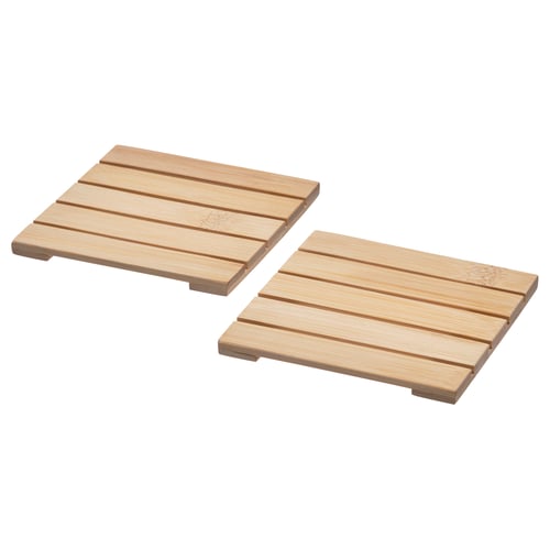 Two natural bamboo coasters with clear lacquer finish, rectangular shape with slatted design. Ideal for protecting table surfaces and reducing noise.