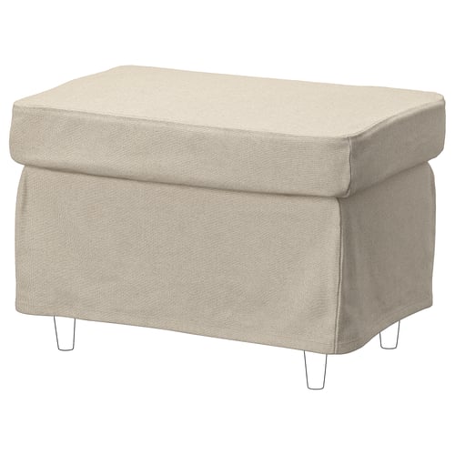 A beige STRANDMON footstool with a fabric cover, featuring a rectangular shape with slightly curved edges.