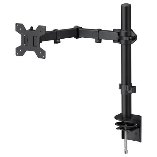 The STUBBERGET monitor arm is black, made of steel and plastic, featuring adjustable, horizontal, and vertical angles for comfort.