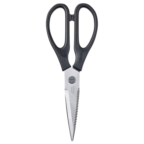 Black SVARTFISK kitchen scissors with plastic handles and stainless steel blades, designed for both right and left-handed users.