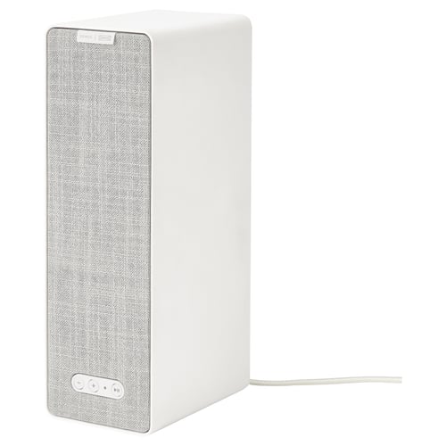 IKEA SYMFONISK wifi speaker in white, tall, rectangular, fabric-covered with controls at base.