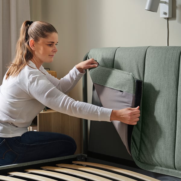 TÄLLÅSEN Upholstered bed frame with mattress, Kulsta grey-green/Vesteröy extra firm, 160x200 cm