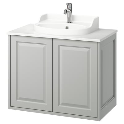 TÄNNFORSEN / RUTSJÖN Wash-stnd w doors/wash-basin/tap, light grey/white marble effect, 82x49x76 cm