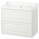 The TÄNNFORSEN is a white, classic, wall-mounted bathroom cabinet with a ceramic sink. It bevelled details and has a timeless design.