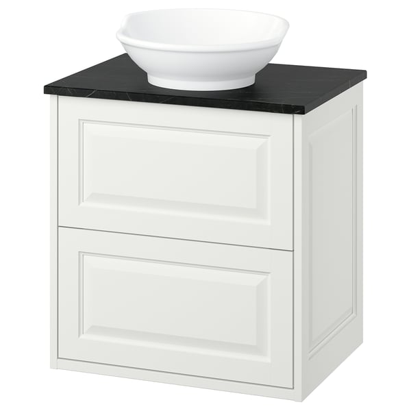 TÄNNFORSEN white bathroom vanity, marble top, ceramic bowl sink, wall-mount.