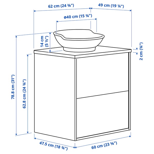 TÄNNFORSEN / VÄSTERSJÖN Wash-stnd w drawers/wash-basin, white/black marble effect, 62x49x79 cm