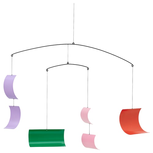 TESAMMANS mobile: colourful, curved metal shapes hang from steel hooks, casting dynamic shadows.