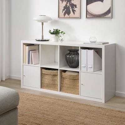 White TJILLEVIPS jute basket in shelf, elegant & natural, fits kallax units.