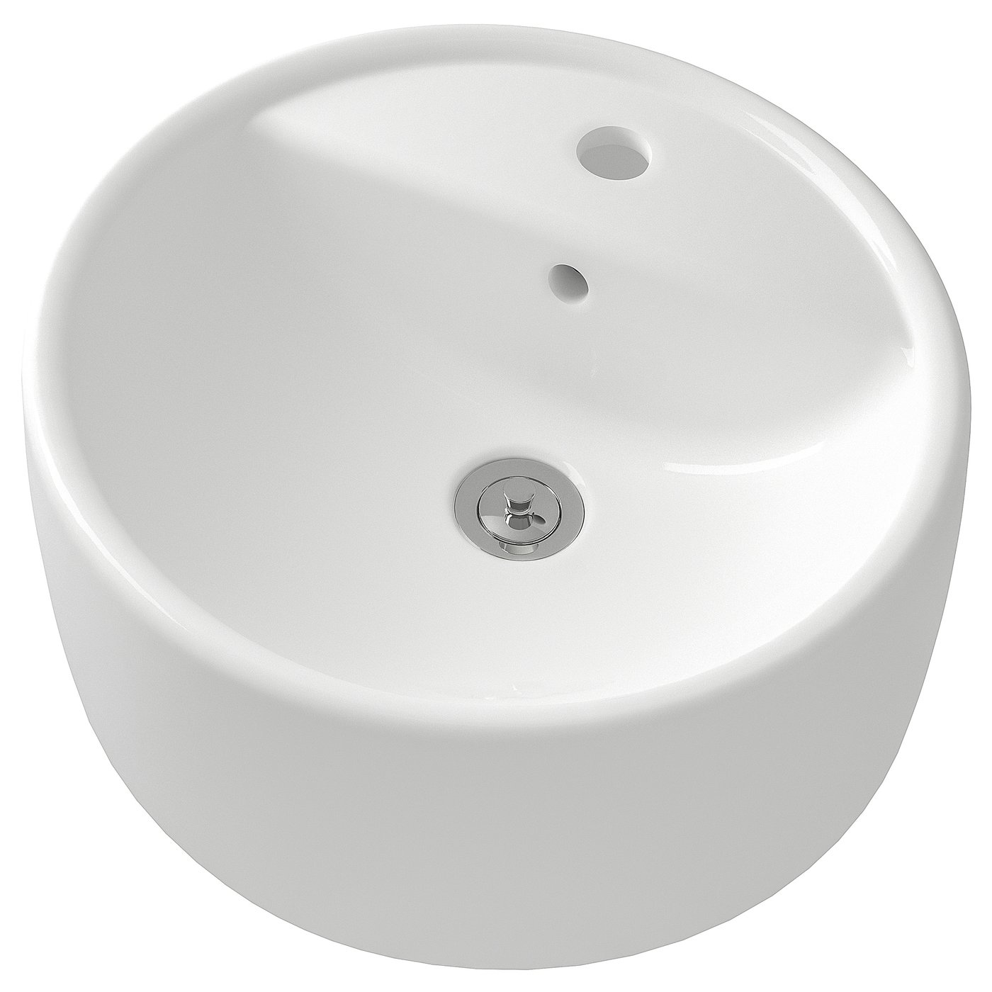 A white, round TÖRNVIKEN ceramic basin, sleek and modern with a chrome drain.