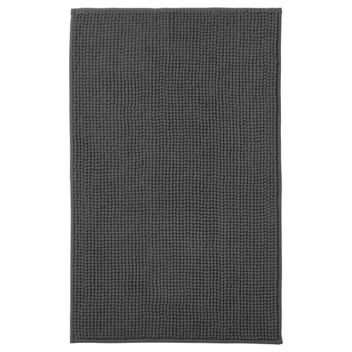 Grey TOFTBO bath mat, rectangular, soft microfiber, textured design.