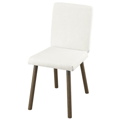A TONSTAD chair in white with wooden legs. It a padded seat and backrest for comfort. The legs are wooden, and it has a modern, minimalist design.