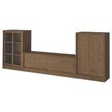 TONSTAD TV/storage comb with sliding doors, brown stained oak veneer/clear glass, 342x37x120 cm