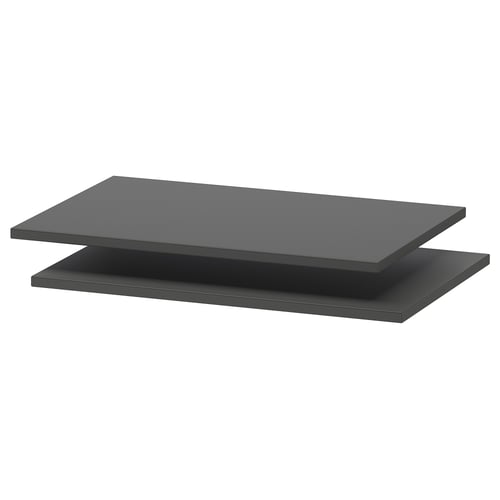 Two grey TROFAST shelves, rectangular and flat, made of paper foil, particleboard, and plastic edging.