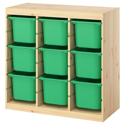 TROFAST Storage combination with boxes, room divider/light white stained pine bright green, 93x44x91 cm
