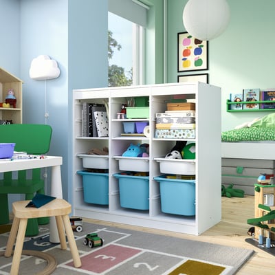 TROFAST Storage combination, with shelves/boxes room divider/white light blue, 99x44x94 cm
