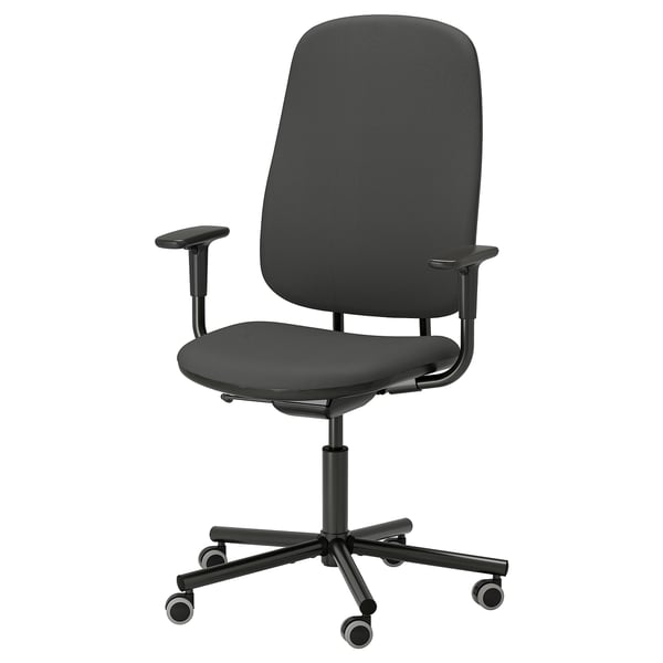 Black office chair with adjustable armrests, round base on castors, mesh back, padded seat.