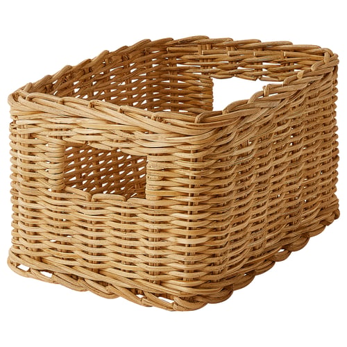 Wicker basket named TRUMMIS, handmade with natural rattan. Rectangular shape, beige colour, sturdy handles.
