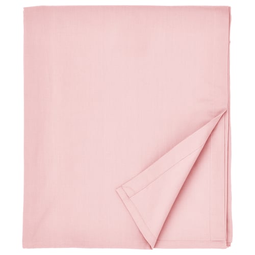 A rectangular, light pink ULLVIDE flat sheet. Its crisp, soft, and has a narrow hem on one side and a wider hem on the other.