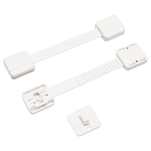 UNDVIKA white child safety latches, straight band design with four rectangular clips.