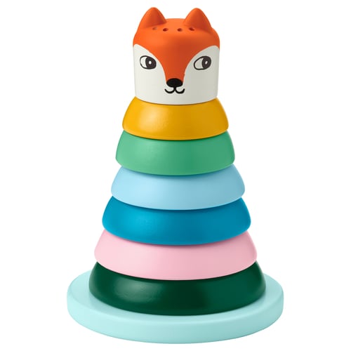 UPPSTÅ toy: stacked colourful rings in fox design, wood & plastic.