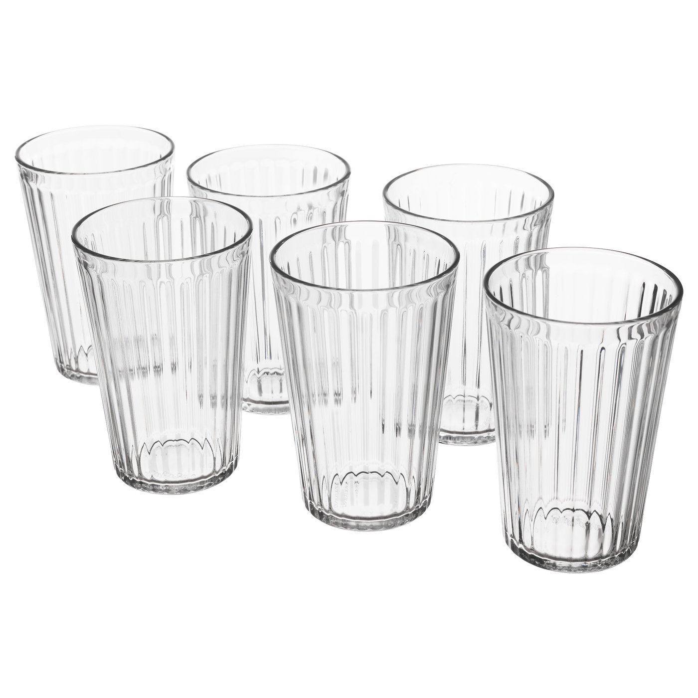 Six clear, tall, ribbed glasses in a circle, made of tempered glass, with classic design.