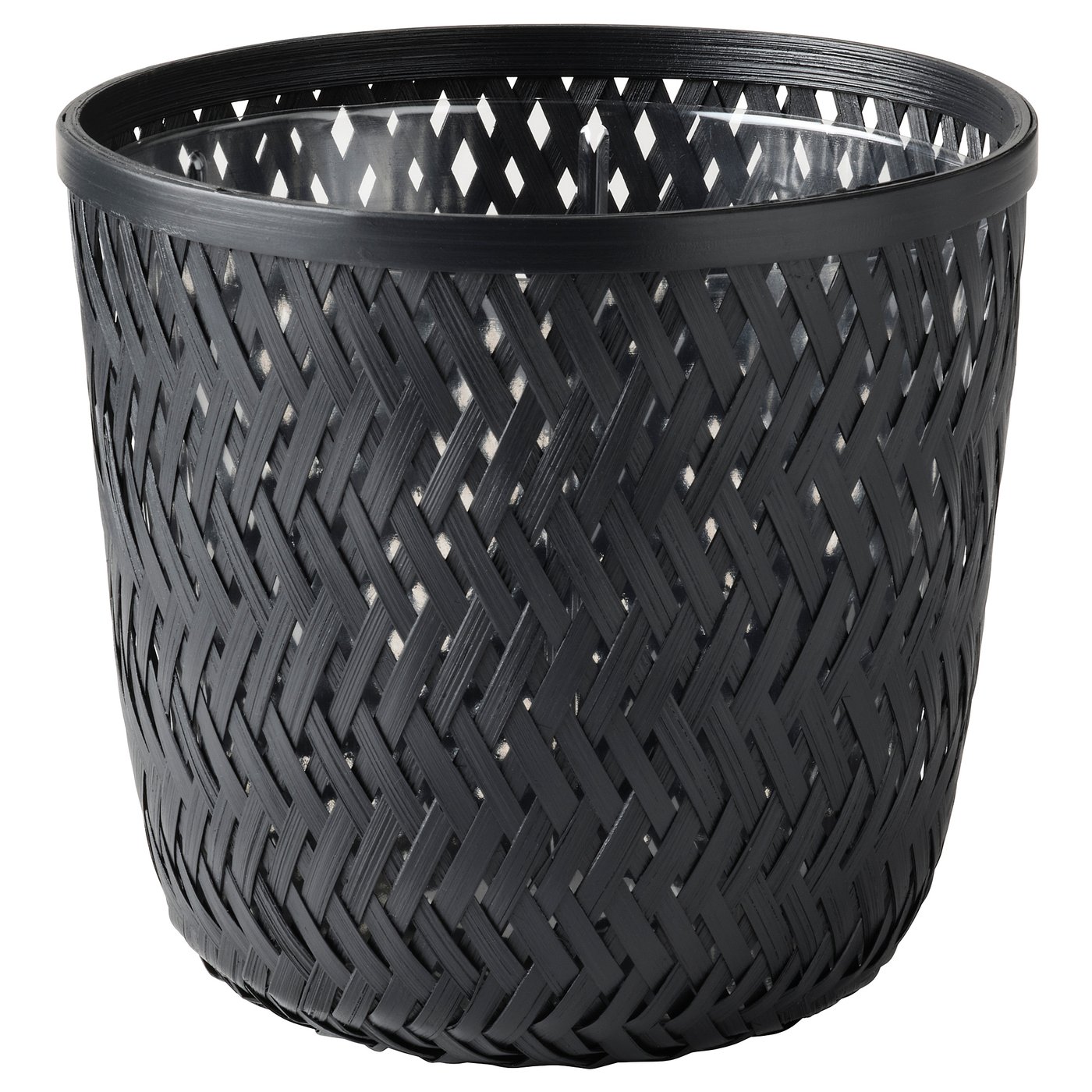 VATTENMELON black woven bamboo planter. Round, handcrafted, light, with diamond-patterned openings.