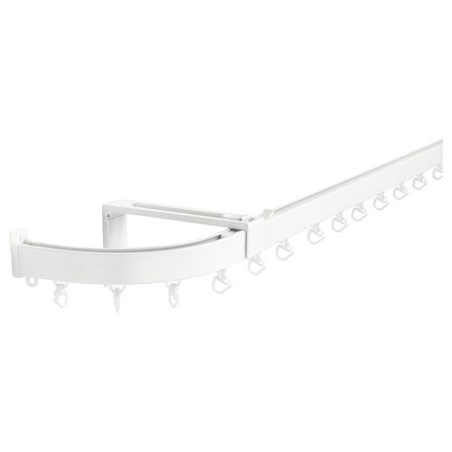 Product: VIDGA. Curtain rail. White. Aluminium & plastic. Curved design. Corner connector.