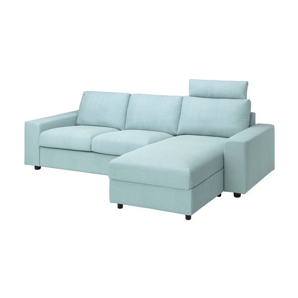 Light blue VIMLE sectional sofa with l-shaped chaise, modern design, soft fabric, and dark legs.