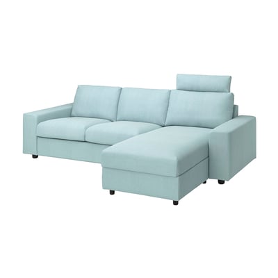 Light blue VIMLE sectional sofa with l-shaped chaise, modern design, soft fabric, and dark legs.