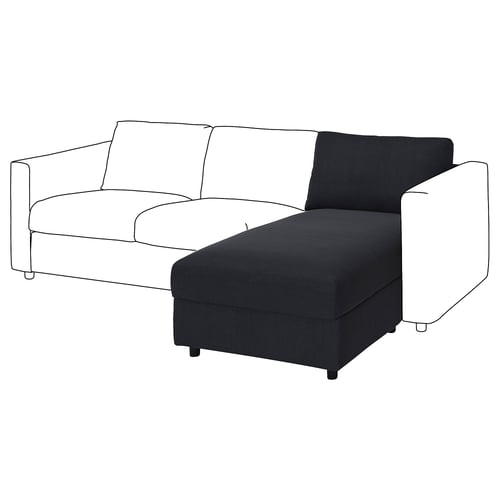 Depicts a VIMLE sofa in black with a white armrest, featuring a storage chaise longue section.