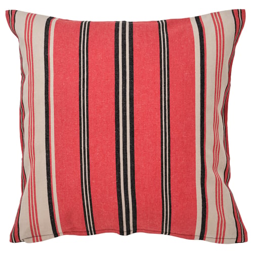 Red and beige striped square cushion cover with black accents, made of cotton and jute.
