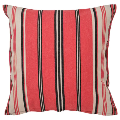 Red and beige striped square cushion cover with black accents, made of cotton and jute.