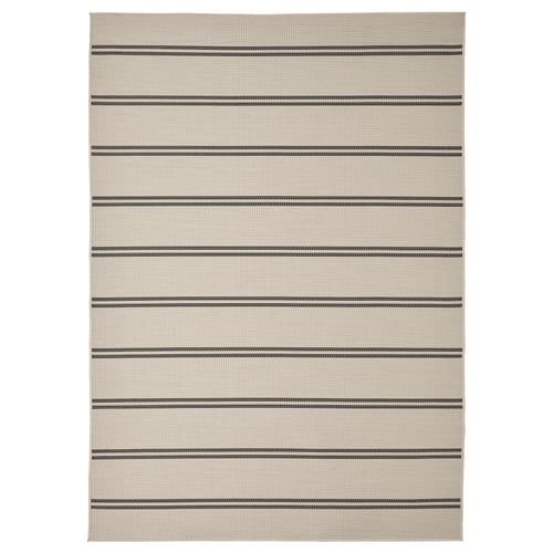 VIRKLUND rug in beige with grey stripes, rectangle, indoor/outdoor use.