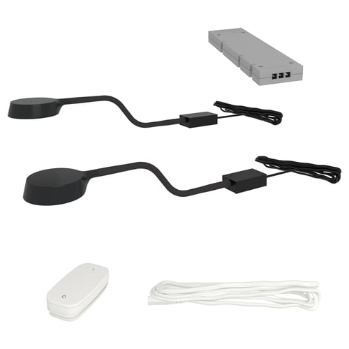 Displays a YTBERG slim, black cabinet lamp with flexible necks and wireless dimmer,sleek design for limited space.